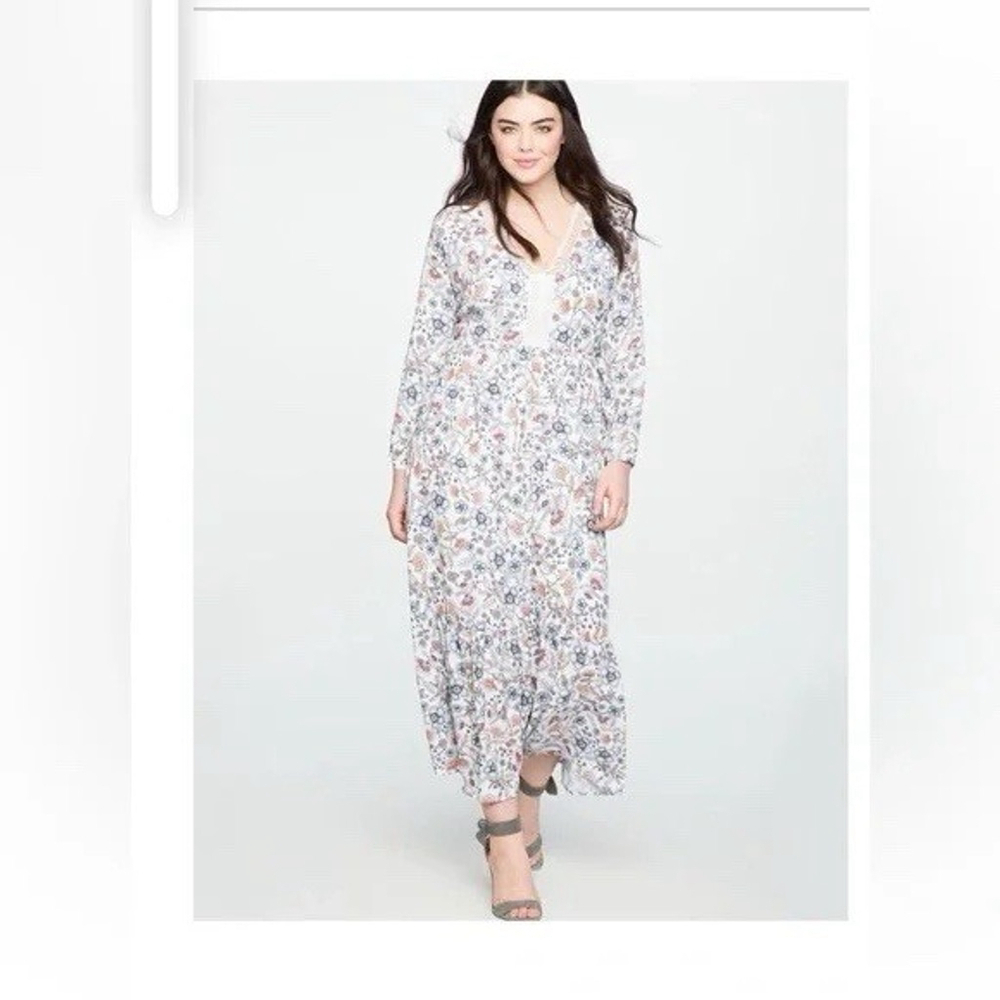 ELOQUII White Floral Maxi Dress Womens 16 Long Sleeve Boho Peasant Cottage Flowy